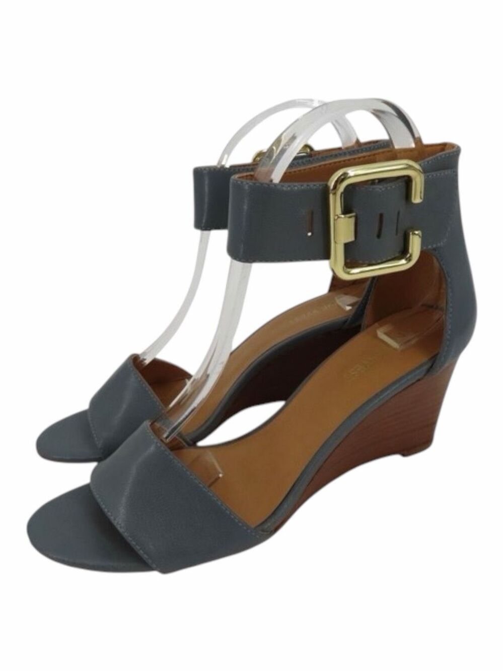 NINE WEST Narcissus Leather Wedge Sandals Ankle Strap Gold Buckle Gray Size 9M